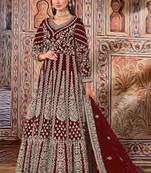 Maroon butterfly net anarkali suit with dupatta