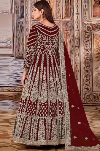 Maroon butterfly net anarkali suit with dupatta