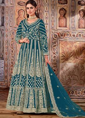 Teal butterfly net anarkali suit with dupatta 1