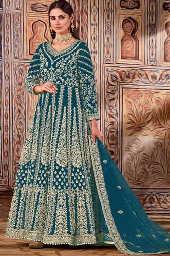 Teal butterfly net anarkali suit with dupatta