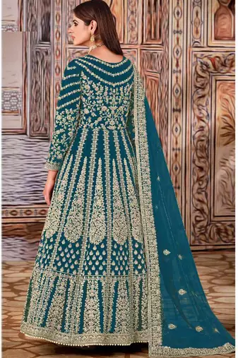 Teal butterfly net anarkali suit with dupatta