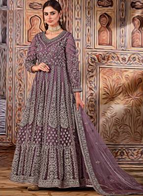 Purple butterfly net anarkali suit with dupatta 1