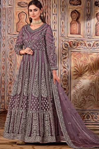 Purple butterfly net anarkali suit with dupatta