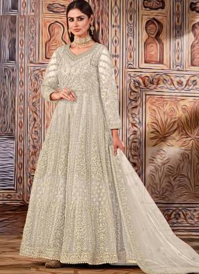 Cream butterfly net anarkali suit with dupatta 1