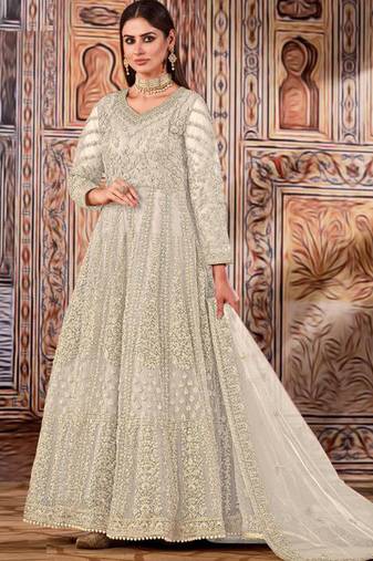 Cream butterfly net anarkali suit with dupatta
