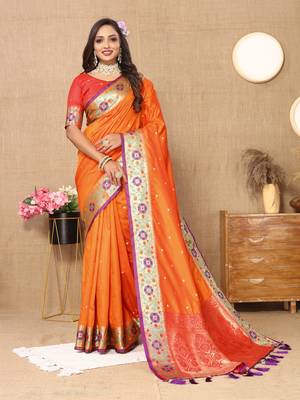 Orange Color Foux Banarasi  Silk Saree With Paithani Rich Weaved Pallu And  Blouse 1
