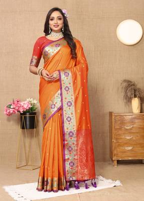 Orange Color Foux Banarasi  Silk Saree With Paithani Rich Weaved Pallu And  Blouse 2