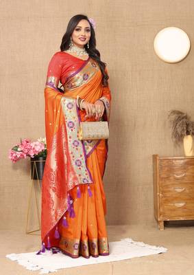 Orange Color Foux Banarasi  Silk Saree With Paithani Rich Weaved Pallu And  Blouse 3