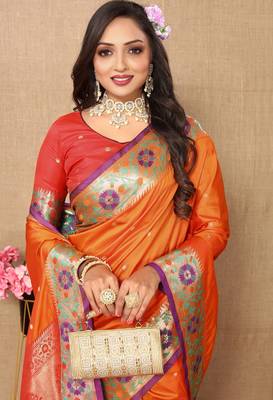 Orange Color Foux Banarasi  Silk Saree With Paithani Rich Weaved Pallu And  Blouse 4