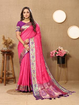 Pink Color Foux Banarasi  Silk Saree With Paithani Rich Weaved Pallu And  Blouse 1