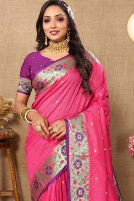 Pink Color Foux Banarasi  Silk Saree With Paithani Rich Weaved Pallu And  Blouse 3