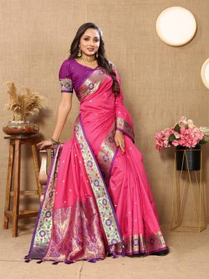 Pink Color Foux Banarasi  Silk Saree With Paithani Rich Weaved Pallu And  Blouse 4