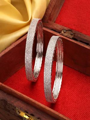 Women's set of 2 silver-plated white american diamond studded bangles 2