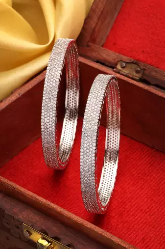 Women's set of 2 silver-plated white american diamond studded bangles