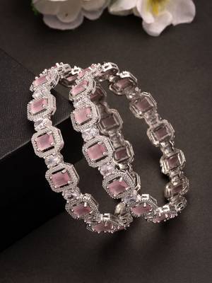 Women's set of 2 silver-plated pink ad-studded bangles 2