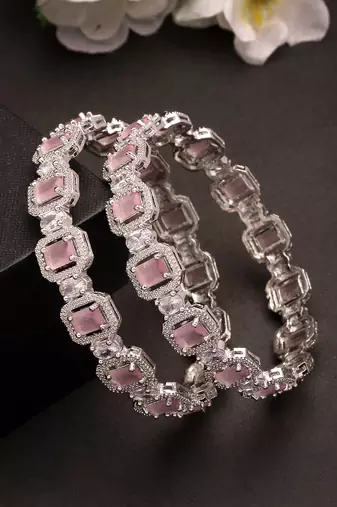 Women's set of 2 silver-plated pink ad-studded bangles
