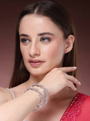 Women's set of 2 silver-plated pink ad-studded bangles 3