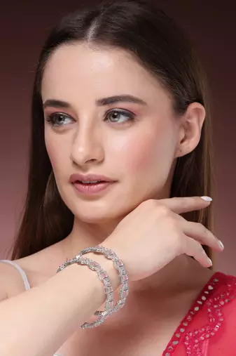 Women's set of 2 silver-plated pink ad-studded bangles