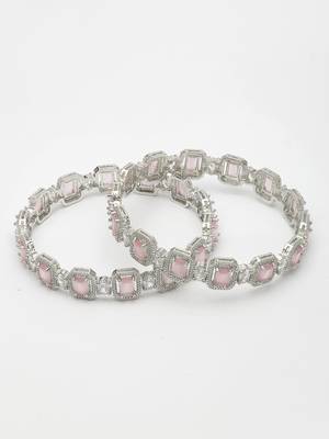 Women's set of 2 silver-plated pink ad-studded bangles 4