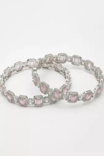 Women's set of 2 silver-plated pink ad-studded bangles