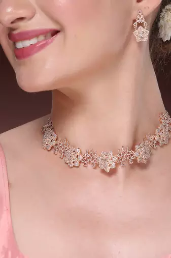 Women's rose gold-plated american diamond-studded handcrafted jewellery set