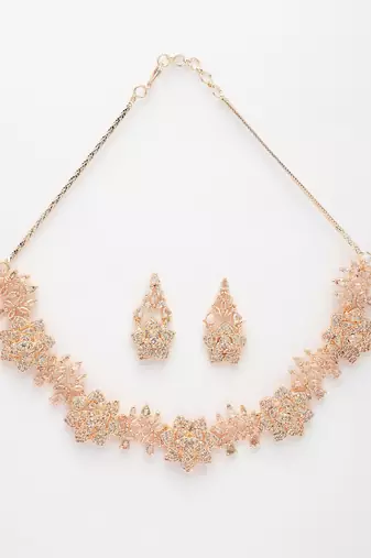 Women's rose gold-plated american diamond-studded handcrafted jewellery set