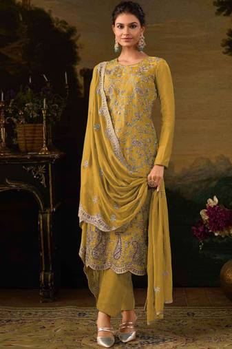 Yellow dola silk pakistani salwar suit with dupatta