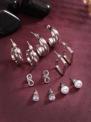 Women's set of 6 silver-plated contemporary half hoop earrings 1