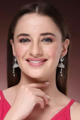 Wome's silver-plated ad- studded peacock-shaped drop earrings