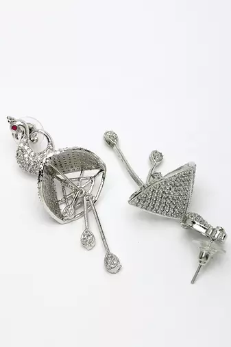 Wome's silver-plated ad- studded peacock-shaped drop earrings