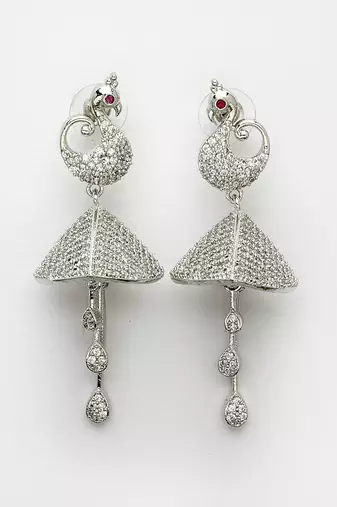 Wome's silver-plated ad- studded peacock-shaped drop earrings