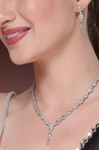 Women's silver-plated cz-studded brass handcrafted jewellery set