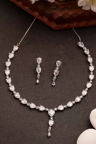 Women's silver-plated cz-studded brass handcrafted jewellery set
