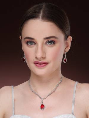 Women's silver-plated red american diamond-studded handcrafted jewellery set 1