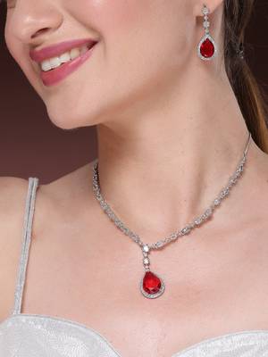 Women's silver-plated red american diamond-studded handcrafted jewellery set 2