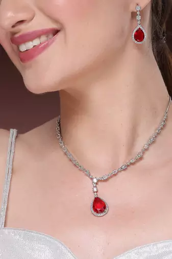 Women's silver-plated red american diamond-studded handcrafted jewellery set