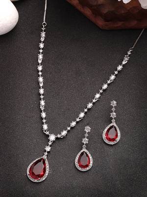 Women's silver-plated red american diamond-studded handcrafted jewellery set 3