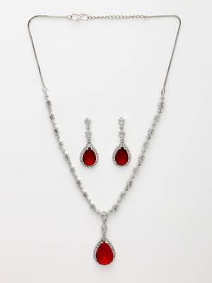 Women's silver-plated red american diamond-studded handcrafted jewellery set 4