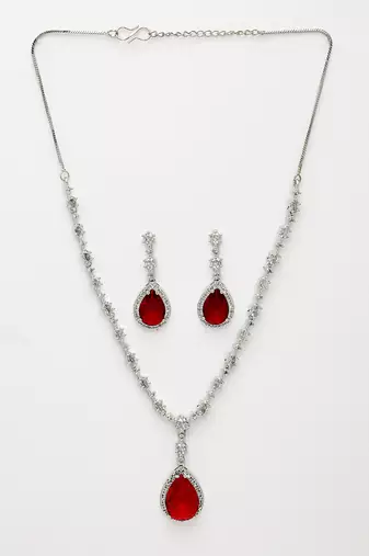 Women's silver-plated red american diamond-studded handcrafted jewellery set