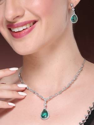 Women's silver-plated green american diamond-studded handcrafted jewellery set 1