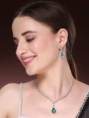 Women's silver-plated green american diamond-studded handcrafted jewellery set 2