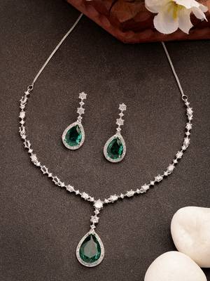 Women's silver-plated green american diamond-studded handcrafted jewellery set 3