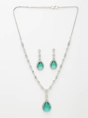 Women's silver-plated green american diamond-studded handcrafted jewellery set 4