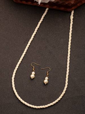 Women's white pearl gold-plated long necklace with earrings 2