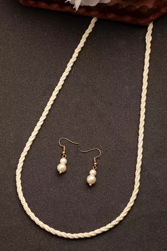 Women's white pearl gold-plated long necklace with earrings