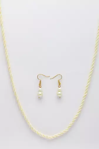 Women's white pearl gold-plated long necklace with earrings