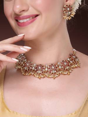 Women's gold-plated red kundan- studded & beaded handcrafted temple jewellery set 1