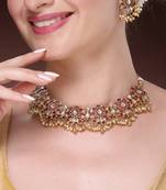 Women's gold-plated red kundan- studded & beaded handcrafted temple jewellery set
