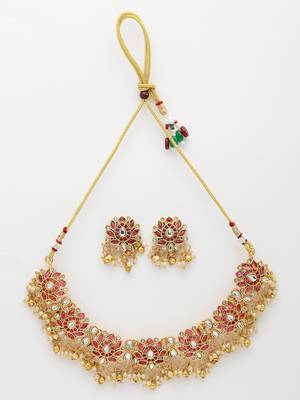 Women's gold-plated red kundan- studded & beaded handcrafted temple jewellery set 3