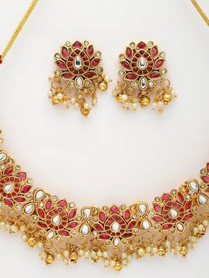 Women's gold-plated red kundan- studded & beaded handcrafted temple jewellery set 4